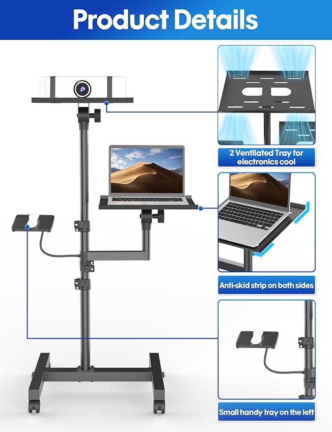 ORWOD Projector and Laptop Stand Tripod, 2 Shelves Mobile Laptop Tripod Stand