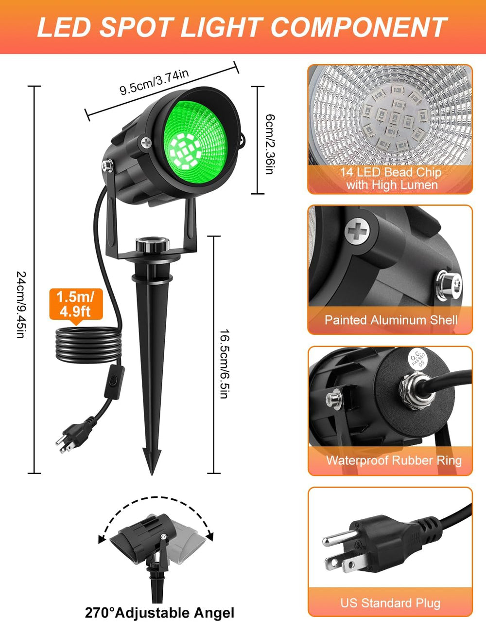 Halloween Green LED Spot Lights Outdoor, 14 LED Landscape Lighting with US Pl...