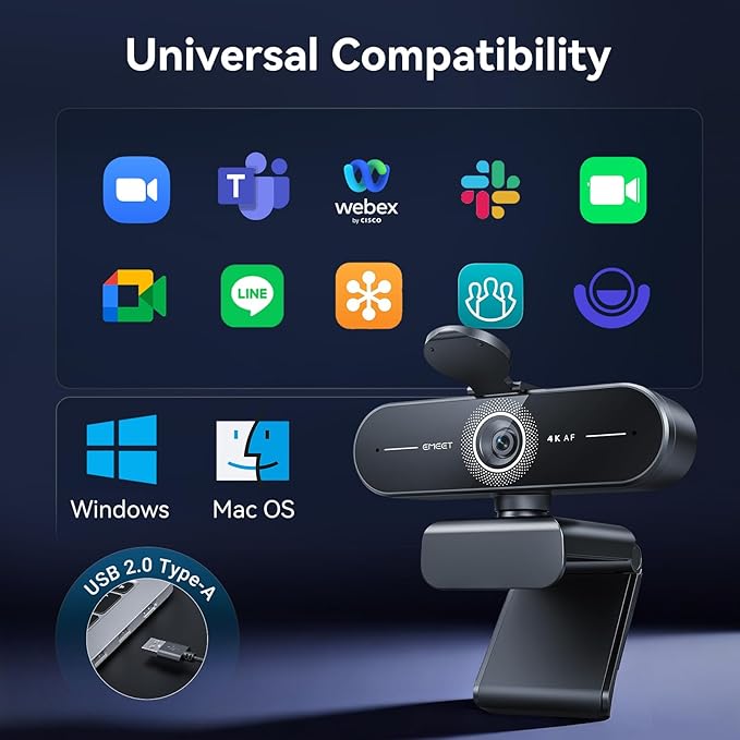 EMEET C60E 4K Webcam for Streaming & Gaming – PDAF Autofocus, Dual Mics