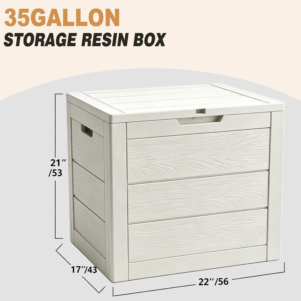 35 gallon deck box, waterproof outdoor storage box shown in use
