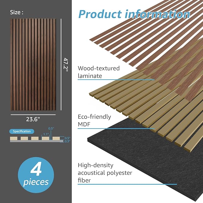 Art3d 4 Pack 47.2 x 23.6in. Wood Slat Acoustic Panels