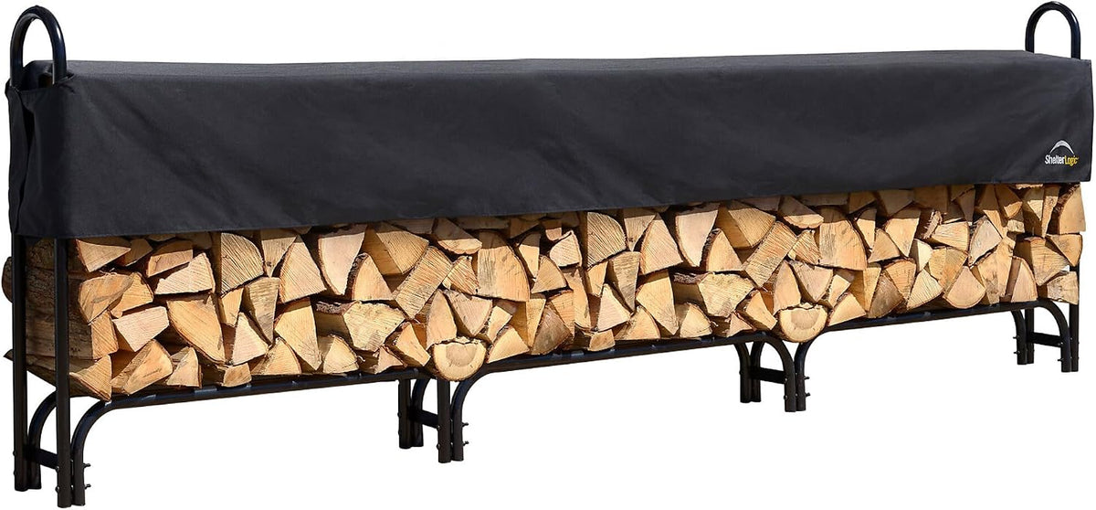 ShelterLogic 12' Adjustable Heavy Duty Outdoor Firewood Rack with Steel Frame Construction and Water-Resistant Cover