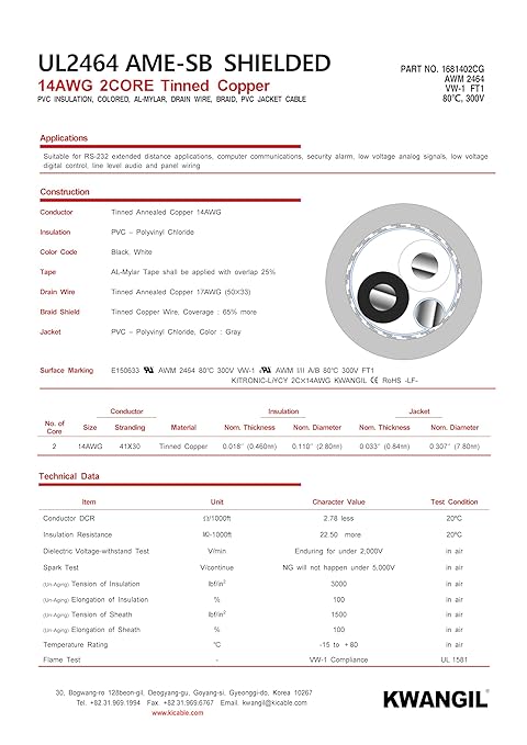 KWANGIL 2C 14AWG AMESB Shielded Cable Wire