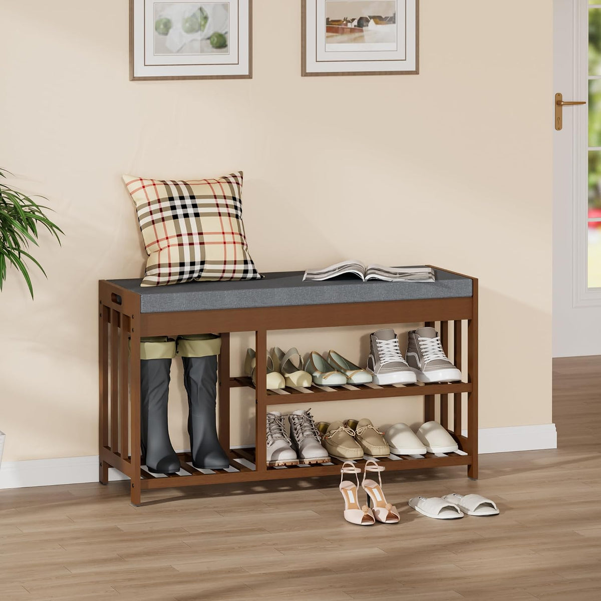 shoe rack bench for entryway, bamboo shoe storage, close-up detail