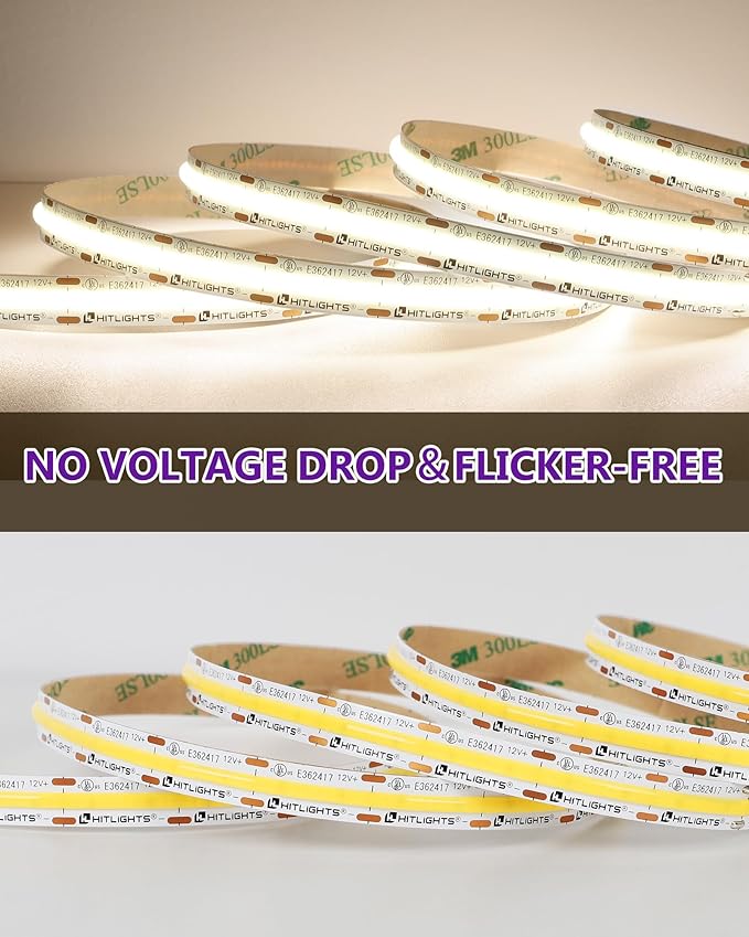 HitLights White COB LED Strip Lights 4000K, 12V Tape Light 16.4ft, 2640 LEDs