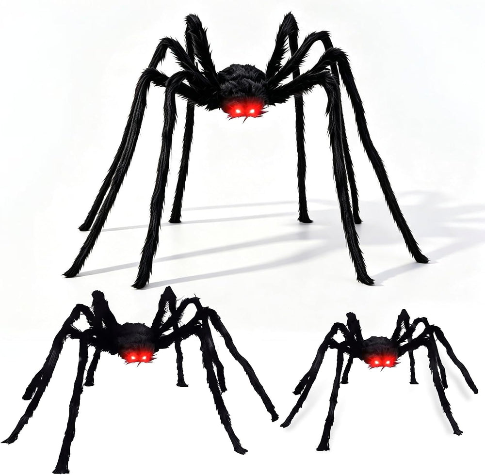 8Ft Giant Hairy Black Spider with Glowing Eyes, 3 Packs(8Ft+5Ft+3Ft) Hallowee...