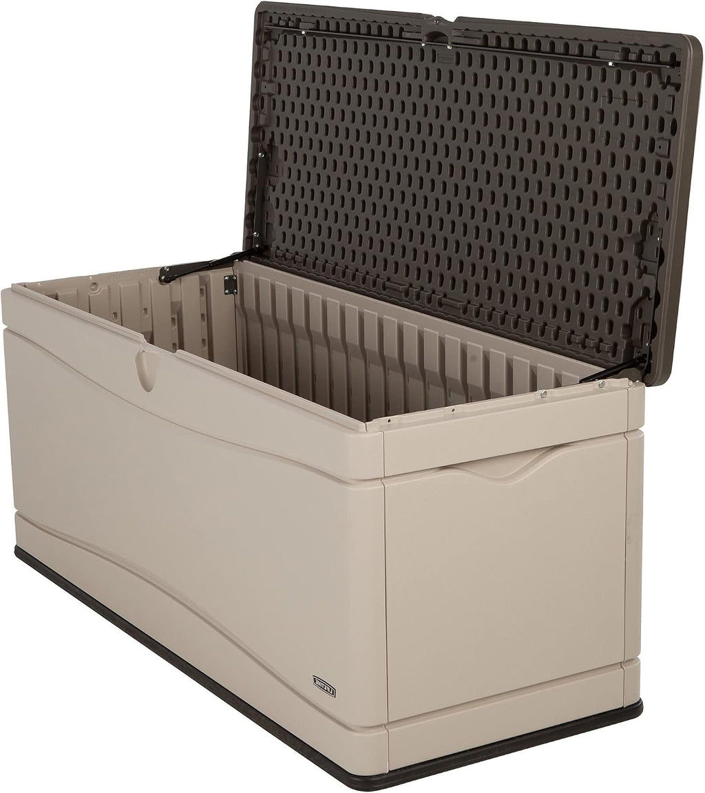 lifetime 130 gallon plastic deck / outdoor storage, side view