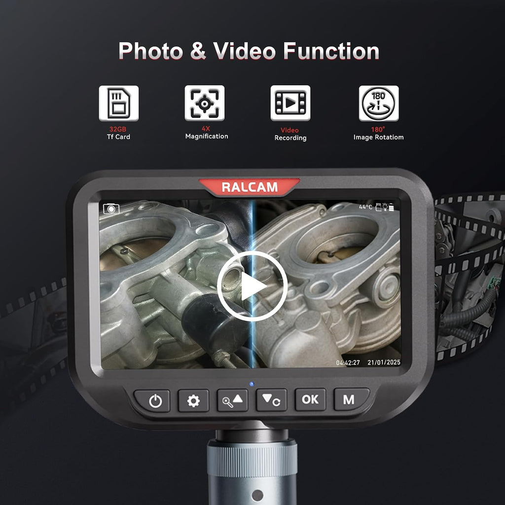 ralcam dual lens articulating borescope camera with light on a desk or shelf