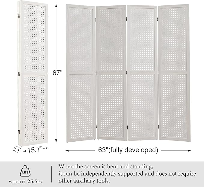 Room Divider Freestanding Folding Pegboard Privacy Screen 4-Panel Display Stand