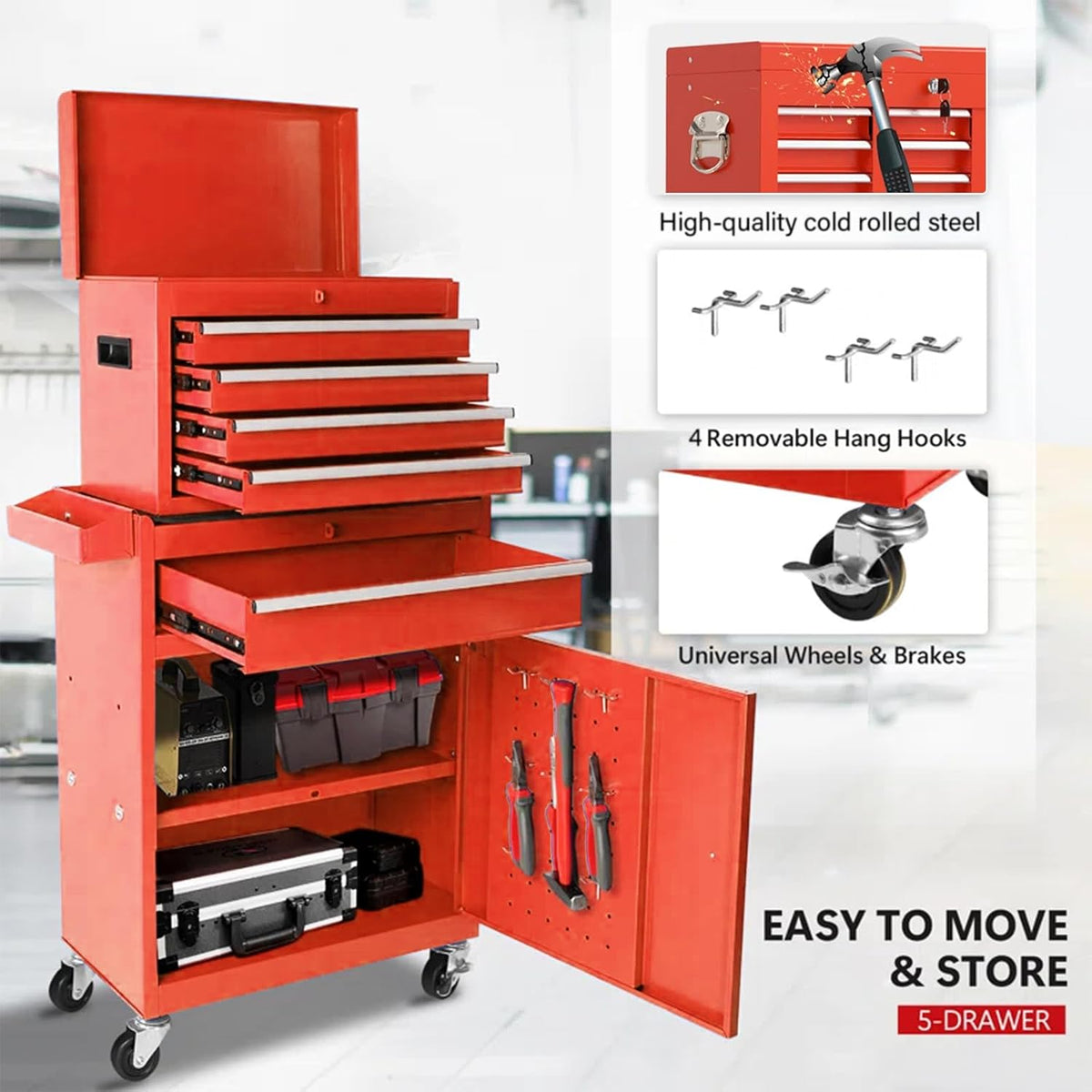 dawmilon 5 drawer rolling tool chest with detachable showing dimensions