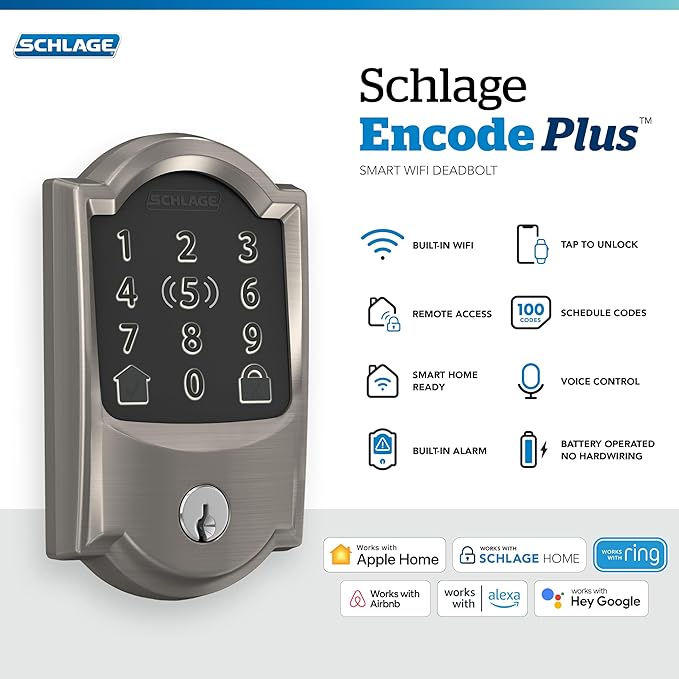 Schlage BE499WB CAM 619 Encode Plus WiFi Deadbolt Smart Lock, Keyless Entry