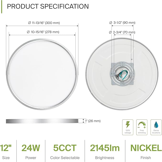 ASD LED 12" Round Flush Mount Ceiling Light Fixture, Low Profile Surface (12 Pack)