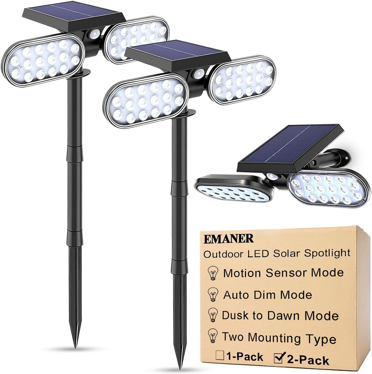 EMANER Motion Solar Lights Outdoor, Solar Floodlight, Stay On or Motion Sensor (2-Pack)