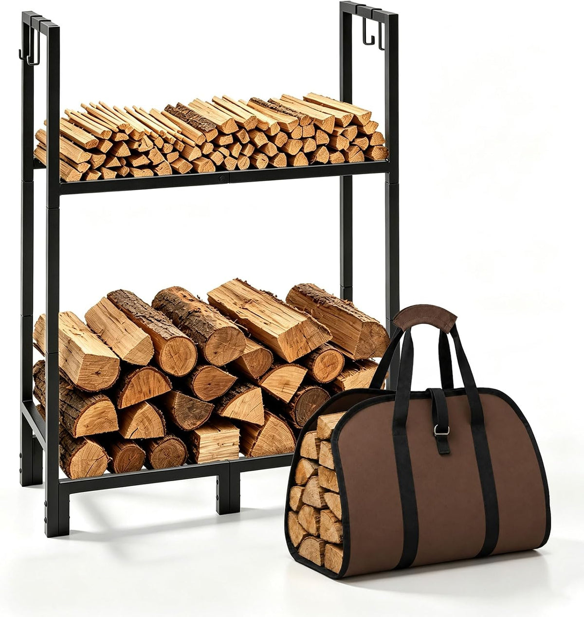 Firewood Rack Indoor Outdoor with Log Carrier, 2-Tier Heavy Duty Firewood Log Rack Holder with 4 PCS Fireplace Tools Hooks, Stable Log Holder Rustproof Metal Wood Rack for Fireplace Patio Deck