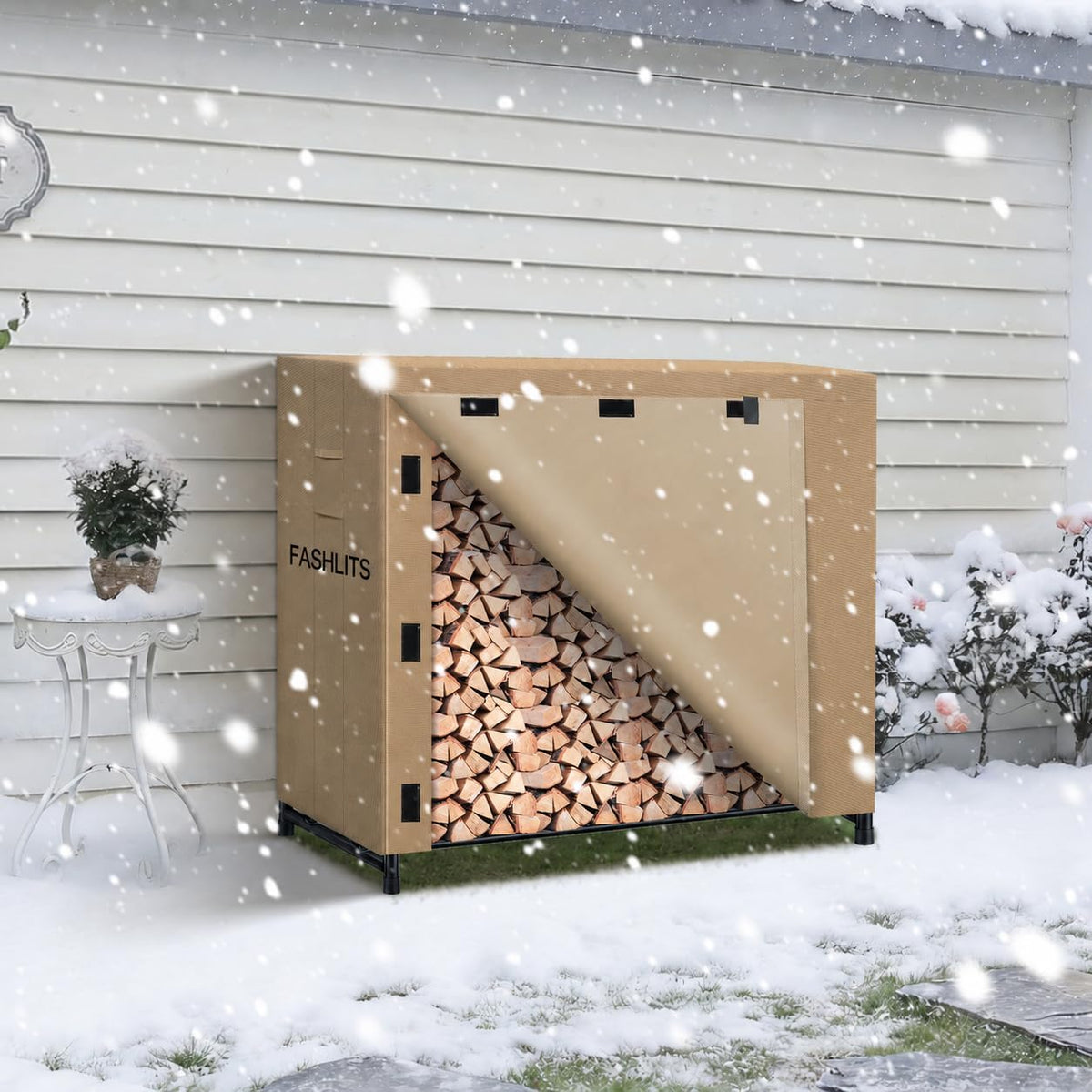 4ft firewood rack cover, waterproof heavy duty 600d on a desk or shelf