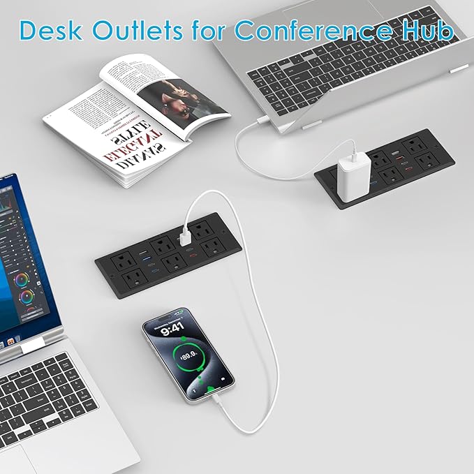 30W Recessed Power Strip USB C, Desk Flush Mount Outlet Plug in 6 AC & 8 USB