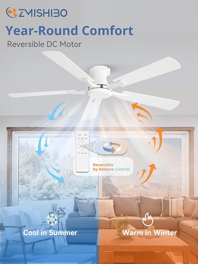 ZMISHIBO 52 Inch Ceiling Fan No Light, Flush Mount Low Profile, Modern White