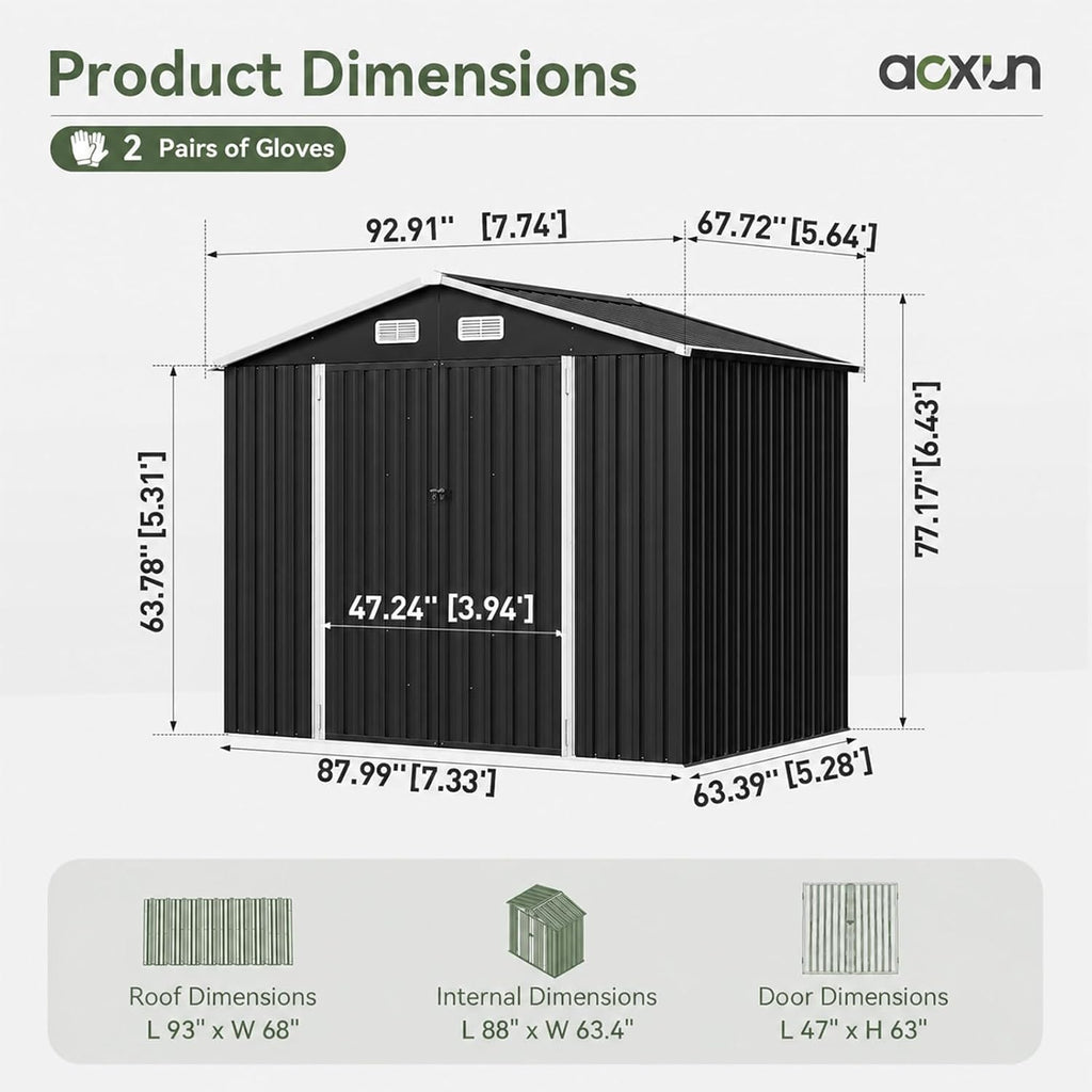 aoxun 8x6 ft shed outdoor storage shed, black shown in use