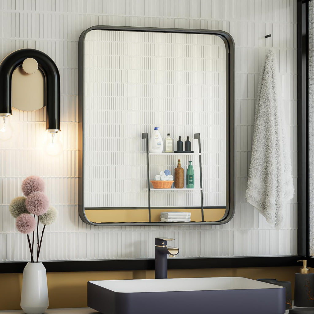 ISKM Wall Mounted Mirror 20x16, Black Framed Bathroom Mirror, Round Corner