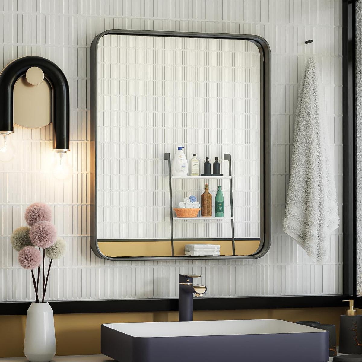 ISKM Wall Mounted Mirror 20x16, Black Framed Bathroom Mirror, Round Corner