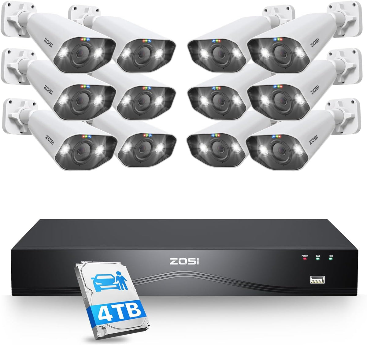 ZOSI 16CH 4K PoE NVR with 12pcs 8MP Outdoor Metal Bullet Camera, 4TB HDD