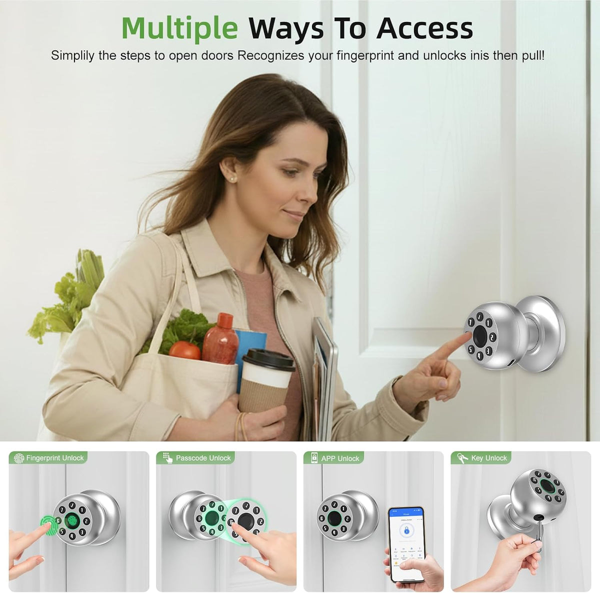 fingerprint door knob, smart door knob, biometric door shown in use