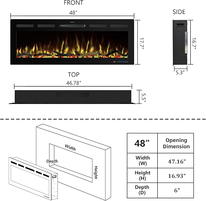 48" WiFi Electric Fireplace Inserts, Recessed and Wall Mounted Fireplace Heater