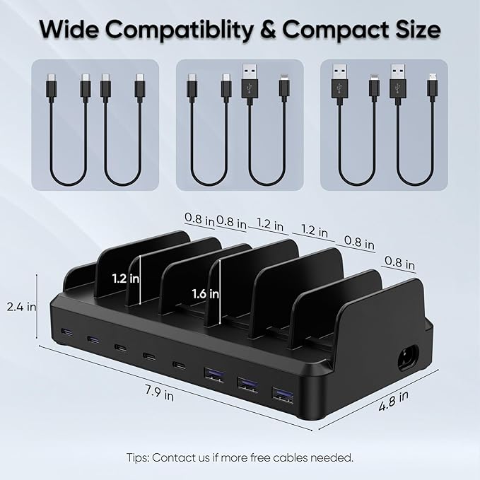 300W Charging Station for Multiple Devices, 8 Port Multi USB C Fast Charger
