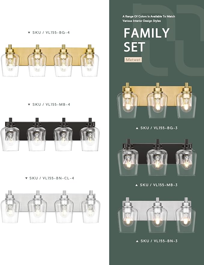 METWET Bathroom Light Fixtures, 4-Light Modern Vanity Light