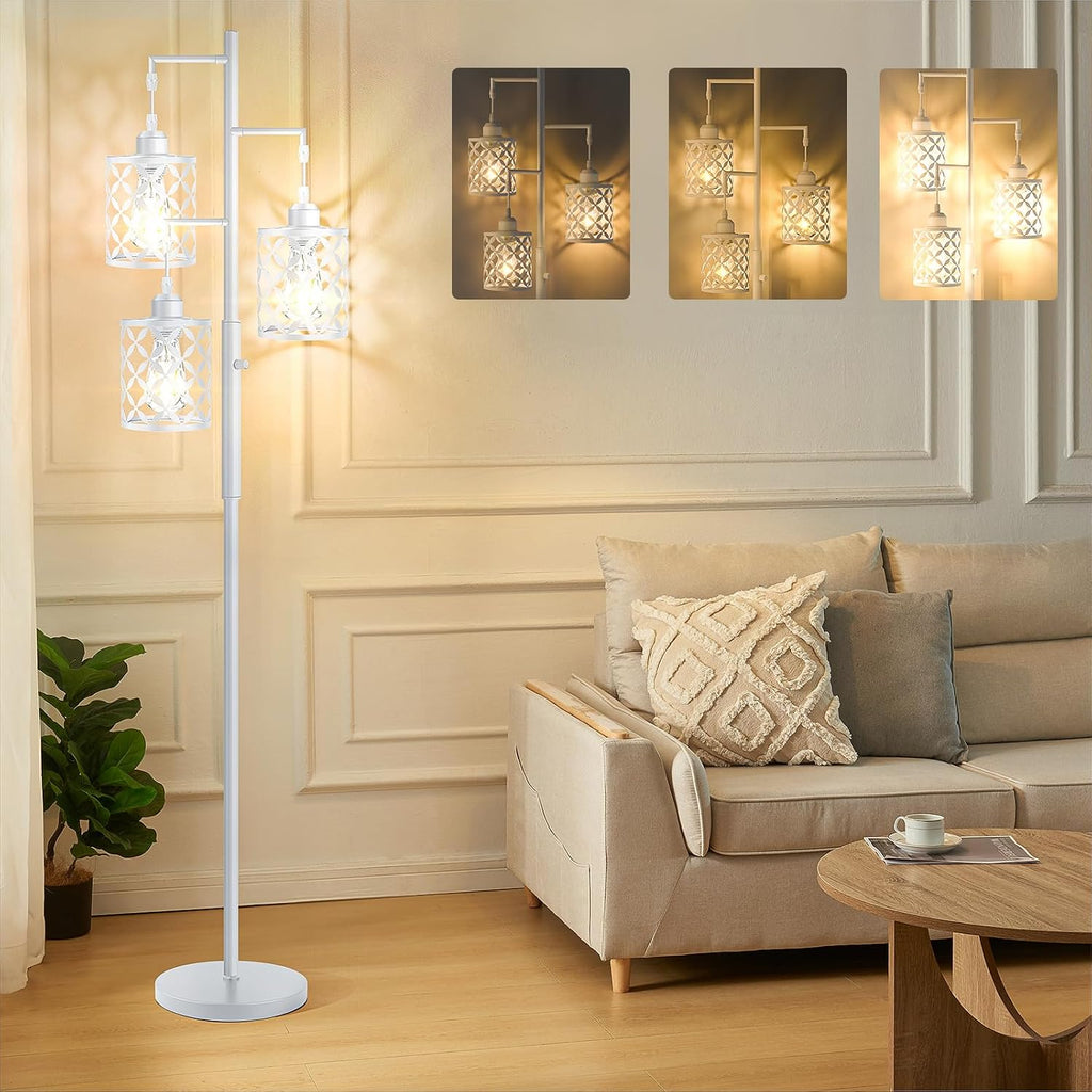 Dimmable Floor Lamp, Farmhouse Standing Lamp with Elegant Metal Cage, Industrial Tall Tree Floor Lamps for Living Room Bedroom Study Room Office, 3 x 800LM LED Bulbs Included - 68", White