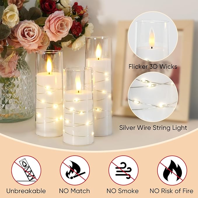 Raycare Flameless Candle with Remote Timer, 7 Flickering Acrylic Battery Operated LED Pillar Candles with Embedded Star String for Halloween, Home Decor, and as a Gift(White) (7 Pack)