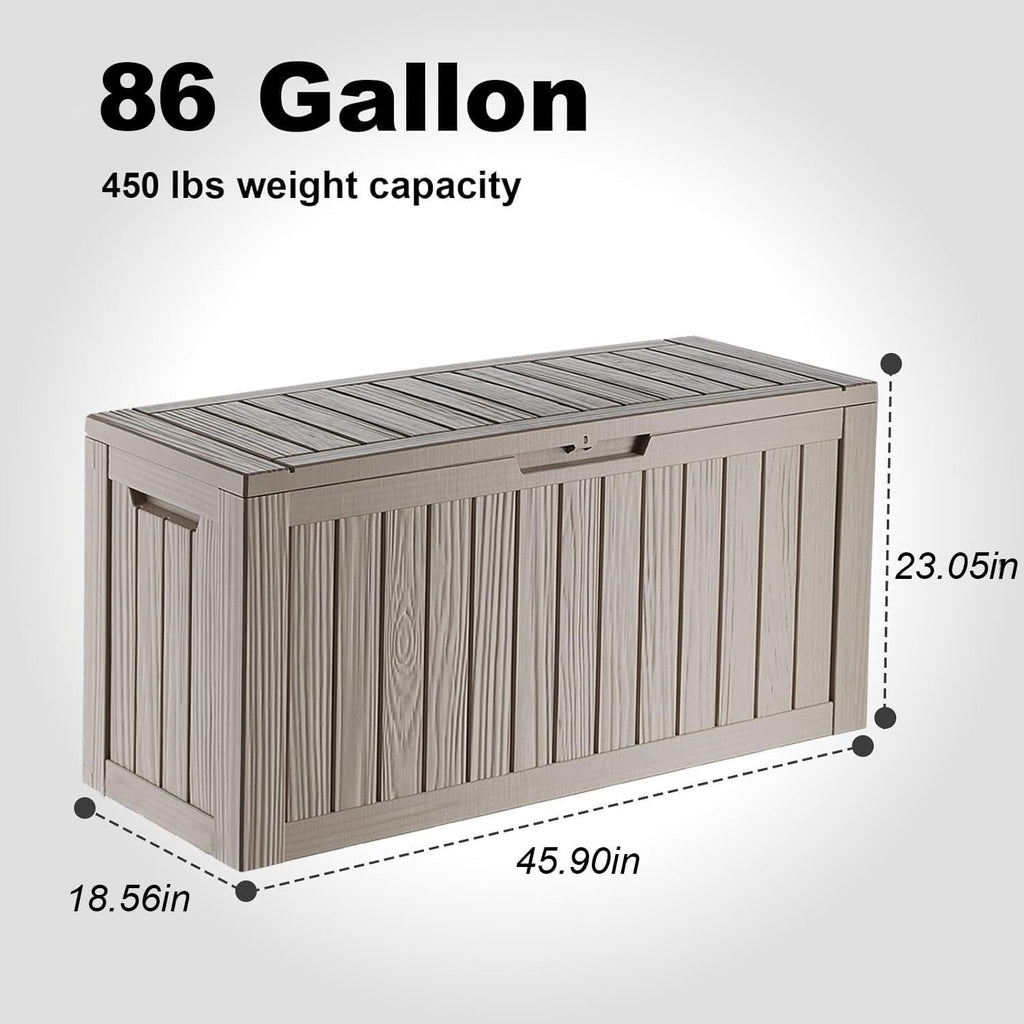 86 gallon deck box, lockable waterproof outdoor storage showing dimensions