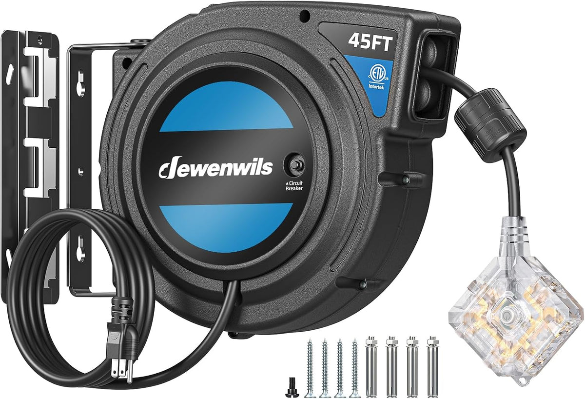 DEWENWILS 45FT Retractable Extension Cord Reel, 6 Outlets, 12/3AWG SJTOW | 15A Circuit Breaker,Automatic Retractable,Twist-Lock Stopper, 180°Swivel Bracket, Lighted Plug End for Garage,Workshop