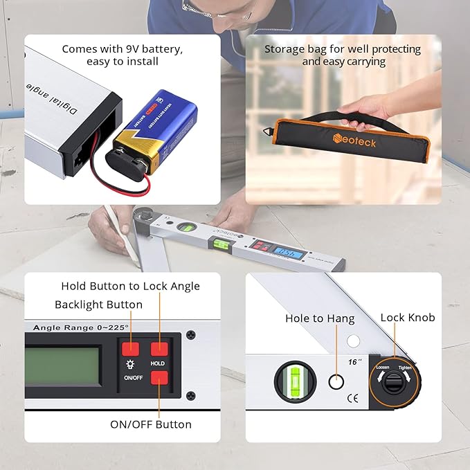 Neoteck Aluminum Digital Angle Finder Protractor 225° 16 inch Backlit LCD