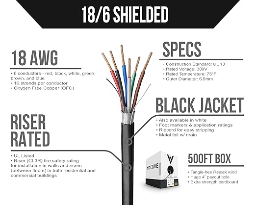 Voltive 18/6 Shielded Low Voltage Wire, Riser CL3R, 500ft
