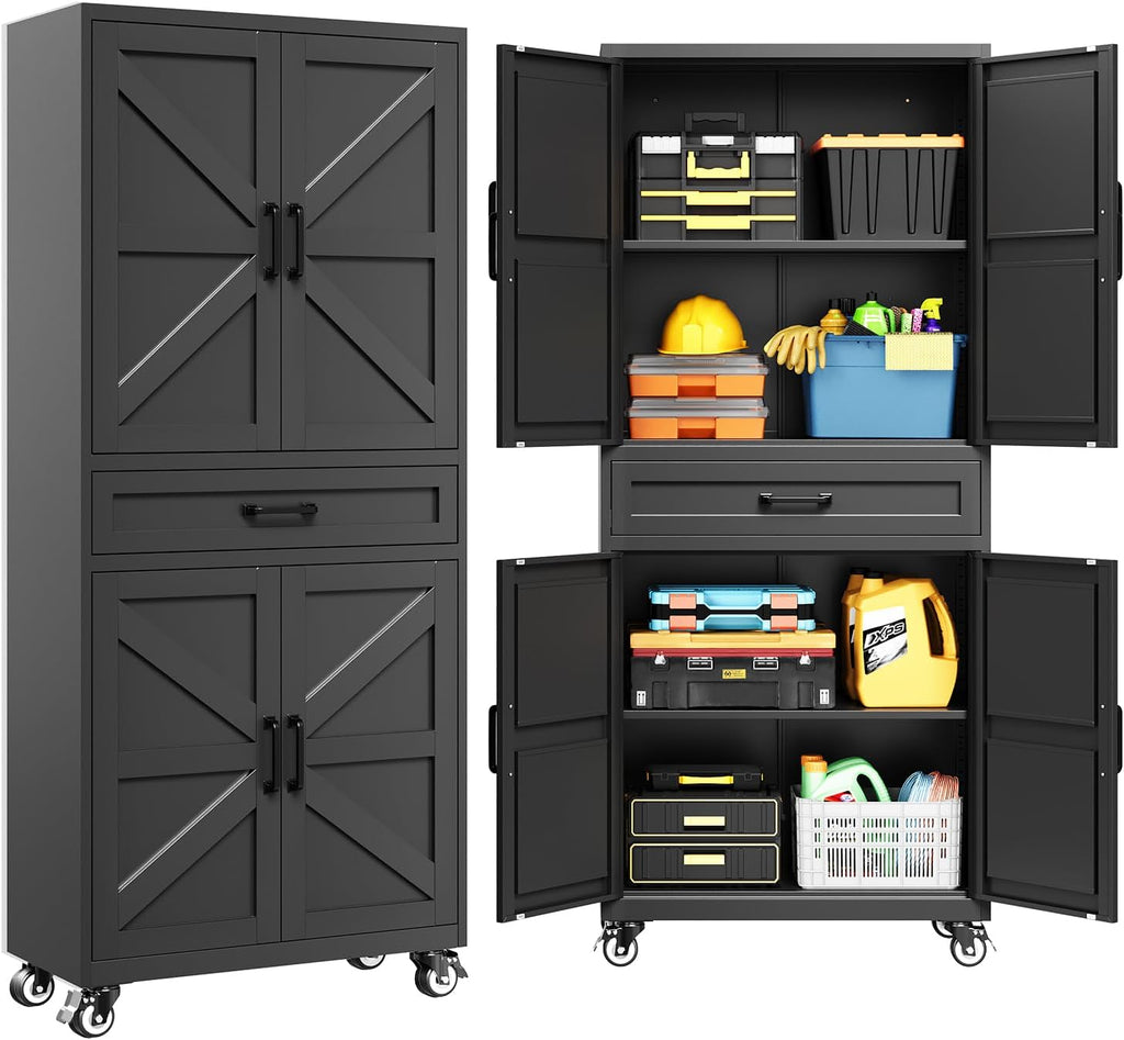 STANI 73" H Metal Storage Cabinet with Wheels, Black Rolling Tool Cabinet