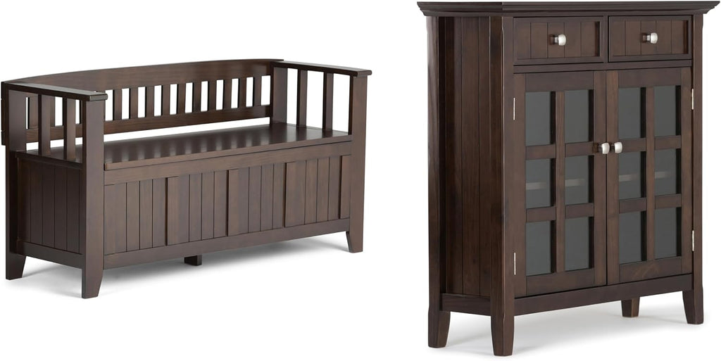 SIMPLIHOME Acadian 2-Seater Storage Bench and Cabinet Set in Brunette Brown