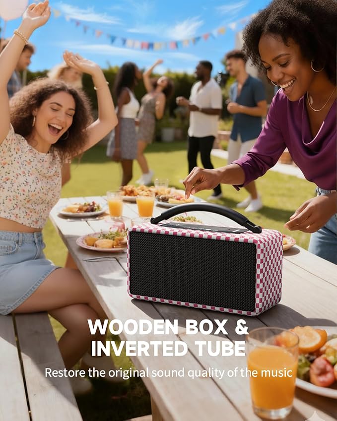 DINDIN Portable Bluetooth Speaker： 80W, 20H Playtime, Wireless Big Wood Boombox