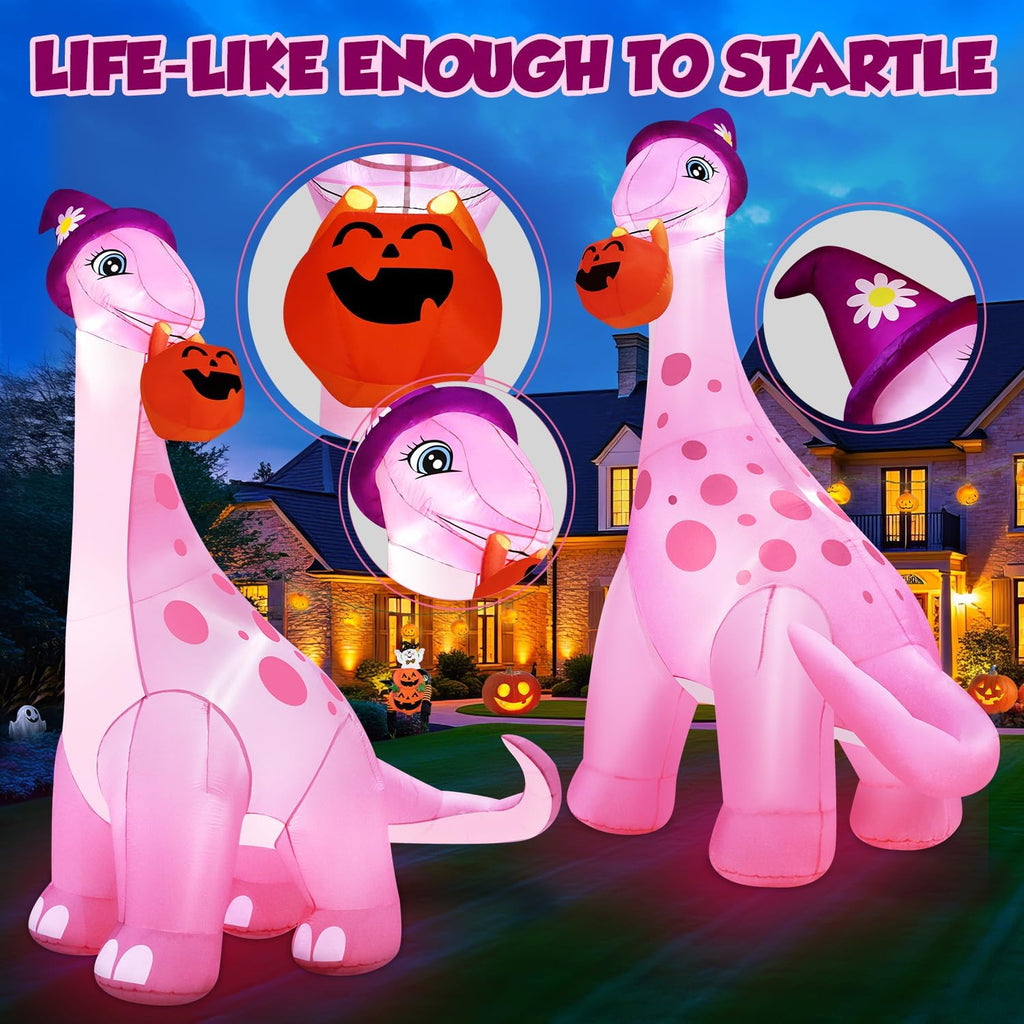 zukakii 13FT Giant Halloween Inflatables Decorations Outdoor Pink Dinosaur, Huge Halloween Blow Up Yard Decorations Dino with Large Pumpkin Witch Hat Build-in LED Light Strong Blower for Party Lawn