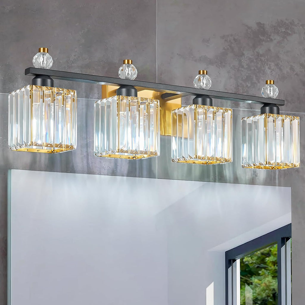 FDPBY Vanity Lights 4-Light Modern Crystal Vanity Light Black Gold Bathroom
