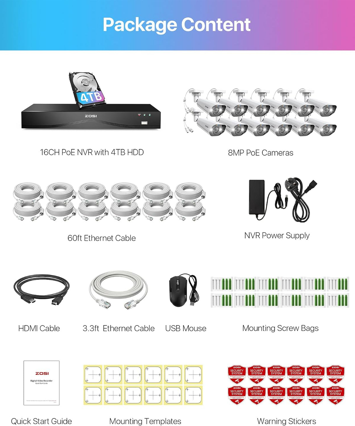 zosi 16ch 4k poe nvr with 12pcs 8mp, view 9