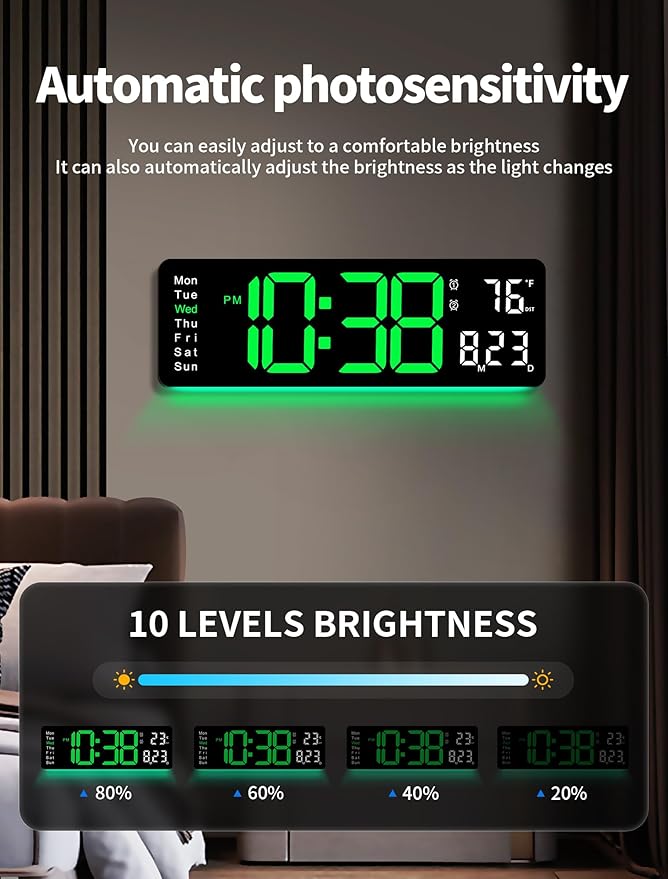 MASHI Digital Wall Clock, Auto-Dimming Wall Clock