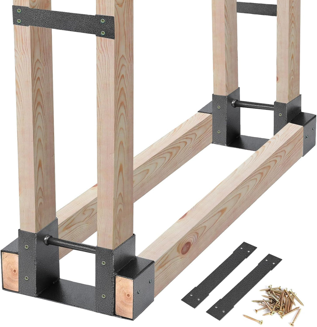 MOFEEZ Outdoor Firewood Log Storage Rack 2x4 Bracket Kit, Fireplace Wood Storage Holder, Adjustable to Any Length - Silver Black, Two Bases