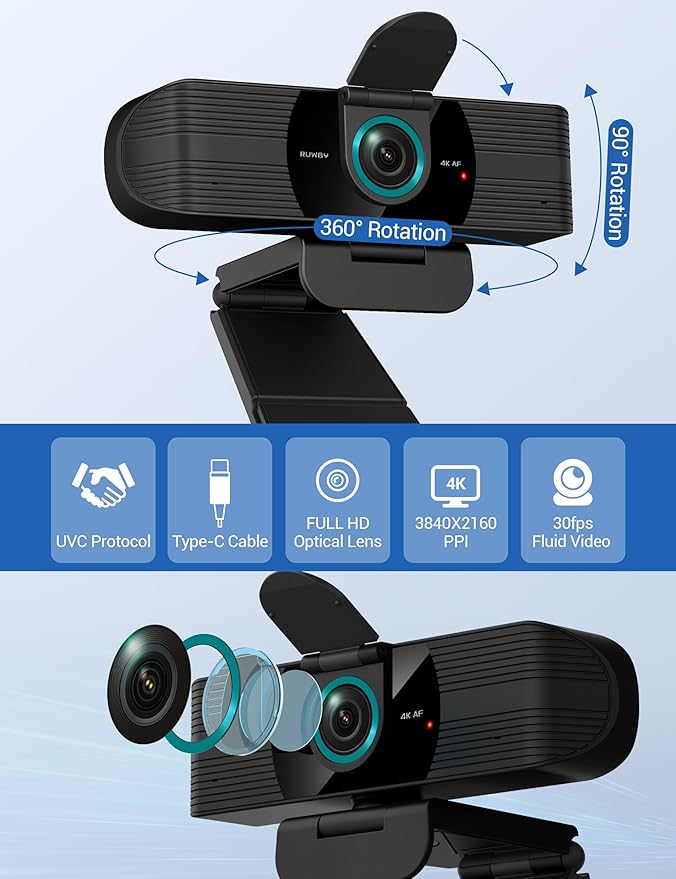 RUWBY UHD 4K Webcam with Built-in Dual Mics, Wide-Angle Lens, Privacy Cover