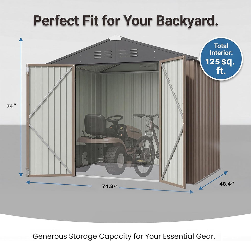 patiowell 6x4 ft storage shed, brown shown in use