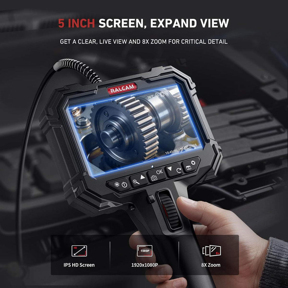 ralcam two-way articulating borescope for mechanic automotive hvac, close-up detail