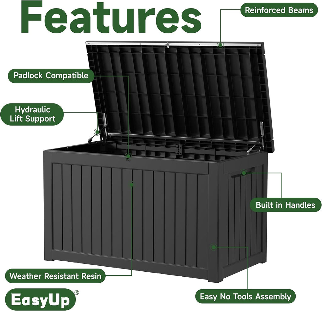 easyup 280 gal waterproof deck box outdoor storage, close-up detail
