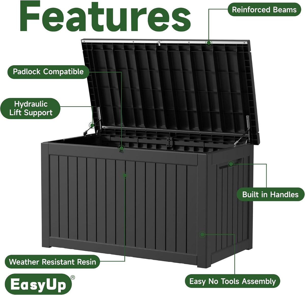 easyup 280 gal waterproof deck box outdoor storage, close-up detail
