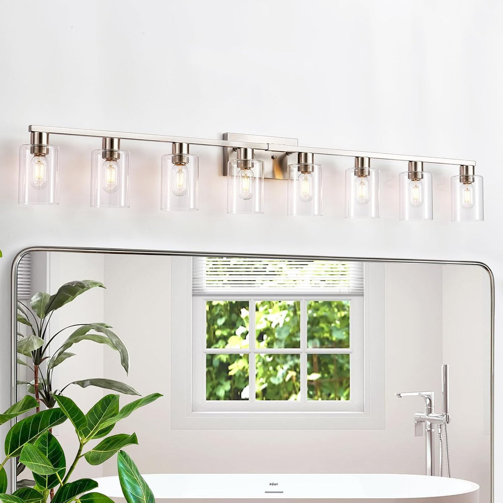 8-Light Brushed Nickel Vanity Light Fixtures, Modern Large Bathroom Light