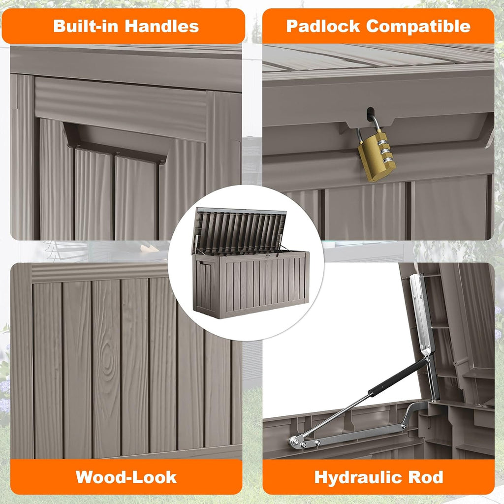 patiozen 85 gallon deck box outdoor, weatherproof resin, close-up detail